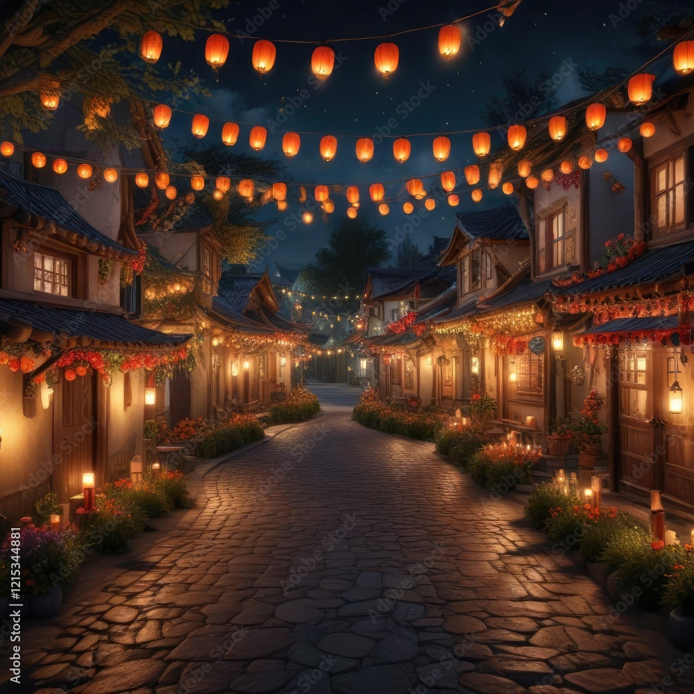 Obraz premium Festive village at night with glowing lanterns and candles, festive atmosphere, rustic buildings