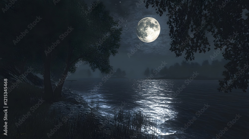 Naklejka premium Tranquil Night Scene Lake Moonlit Trees