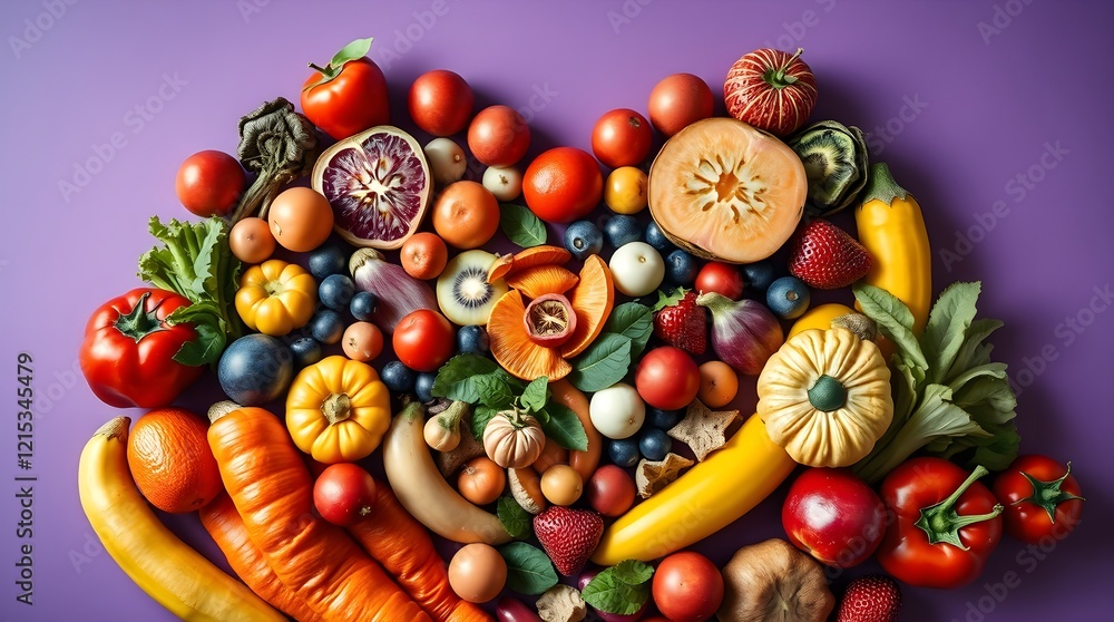 High-resolution stock photo Heart-shaped fruit and vegetable arrangement. Purple background. Warm golden hour lighting. High-resolution stock photo Heart-shaped fruit and vegetable arrangement. Purple background. Warm golden hour lighting.