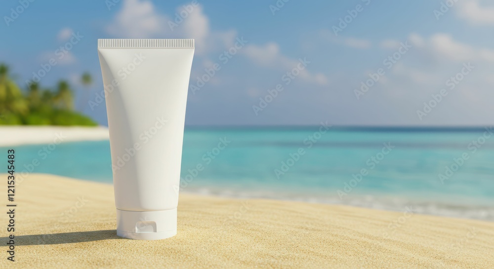 Sunscreen bottle on sunny beach with ocean in background Sunscreen bottle on sunny beach with ocean in background