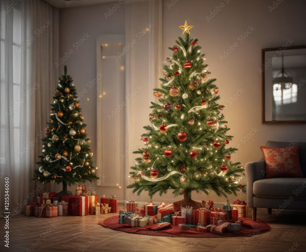 Decorated Christmas tree with ornaments and lights, festive decorations, decorated trees, yule log Decorated Christmas tree with ornaments and lights, festive decorations, decorated trees, yule log