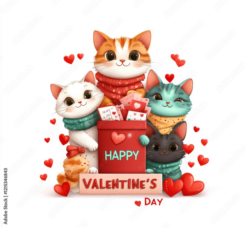 Fototapeta premium Cute cartoon cats with gifts celebrating valentine's day surrounded by hearts