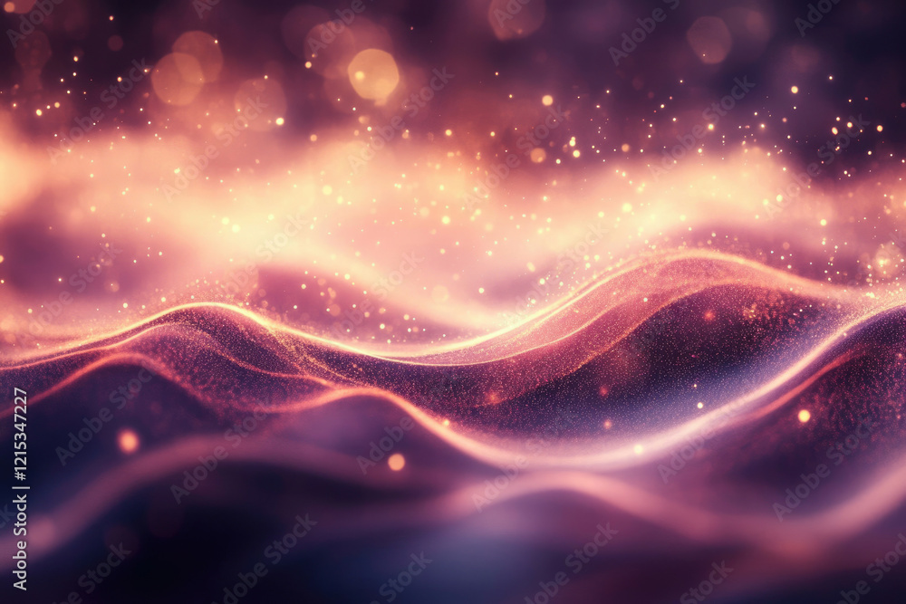 Abstract background with glowing particles forming smooth waves and bokeh lights. Abstract background with glowing particles forming smooth waves and bokeh lights.