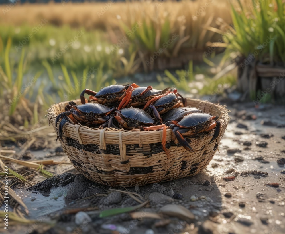 Dirty black crabs in a small woven basket with rice field debris, soiled, aquatic animal Dirty black crabs in a small woven basket with rice field debris, soiled, aquatic animal