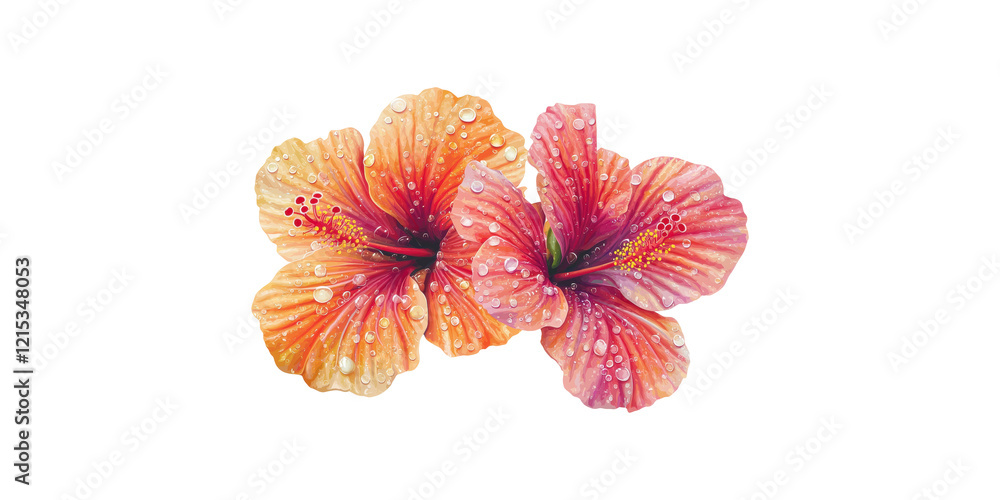 Obraz premium Vibrant hibiscus flowers with water droplets isolated on transparent background