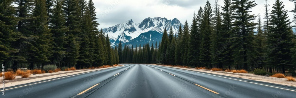 Empty asphalt road surrounded by tall conifers with snow-capped peaks in the background, geography, road Empty asphalt road surrounded by tall conifers with snow-capped peaks in the background, geography, road