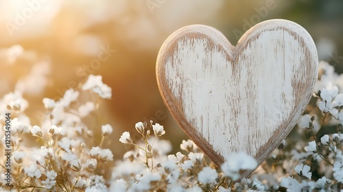 Wooden heart in white flowers, sunset background. Perfect for Valentine's, love, romance, wedding, or spring themes