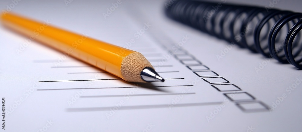 Yellow pencil on checklist form, spiral notebook background Yellow pencil on checklist form, spiral notebook background