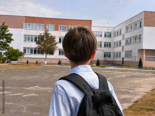 A boy looks at the school building. A thoughtful boy stands with his back to the school and looks towards it. Pupil go study with backpack. Back to school