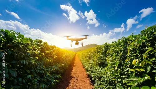 drone tecnológico agrícola sobrevoando plantação de café em um dia ensolarado - Generated image photo