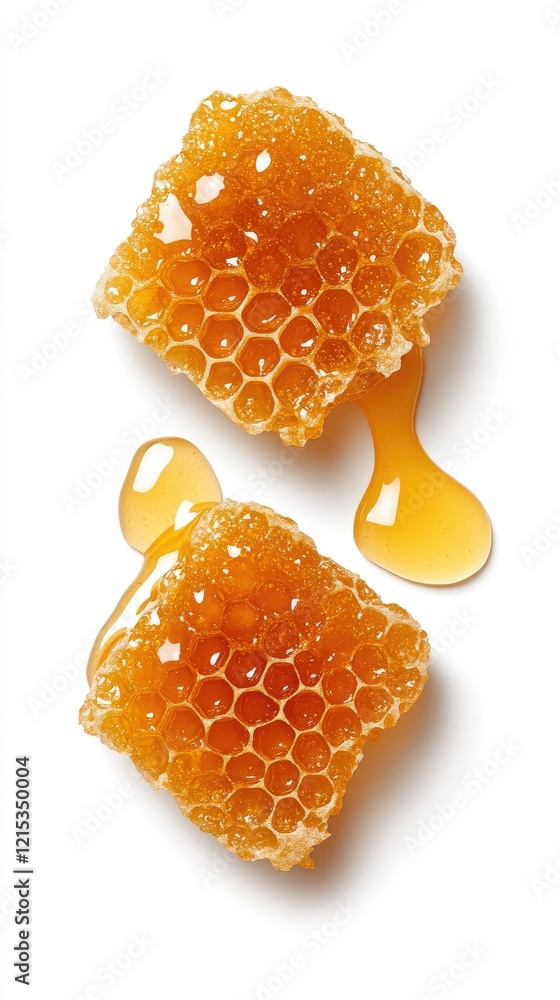 Delightful pieces of fresh honeycomb oozing with rich, golden honey stand out beautifully against a pristine white backdrop Delightful pieces of fresh honeycomb oozing with rich, golden honey stand out beautifully against a pristine white backdrop