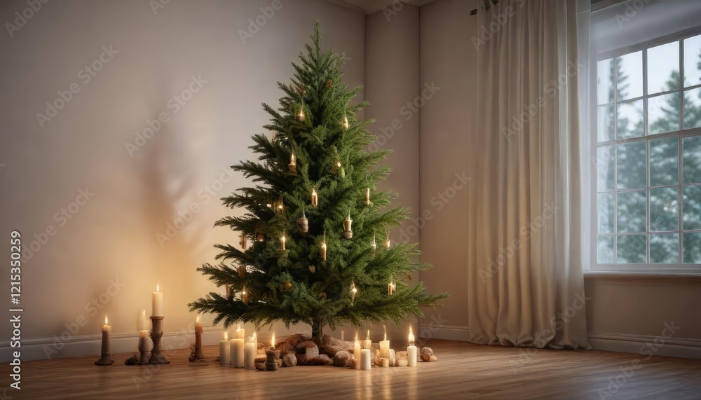 Evergreen fir Christmas tree with candles on branches , Christmas tree, holiday decoration, winter wonderland Evergreen fir Christmas tree with candles on branches , Christmas tree, holiday decoration, winter wonderland