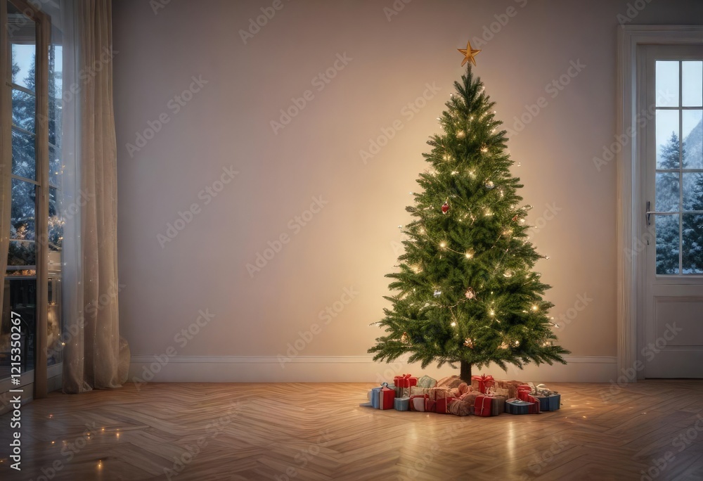 evergreen spruce Christmas tree decorated with fairy lights, home decor, spruce evergreen spruce Christmas tree decorated with fairy lights, home decor, spruce