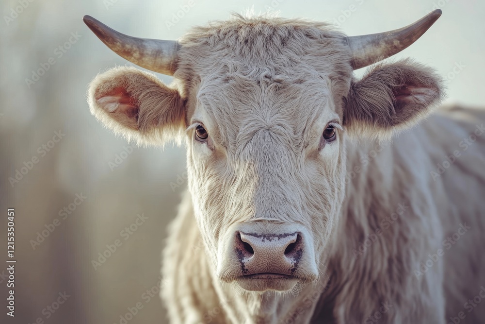 Friendly young cow gazes directly at the camera with a soft background at sunset Friendly young cow gazes directly at the camera with a soft background at sunset