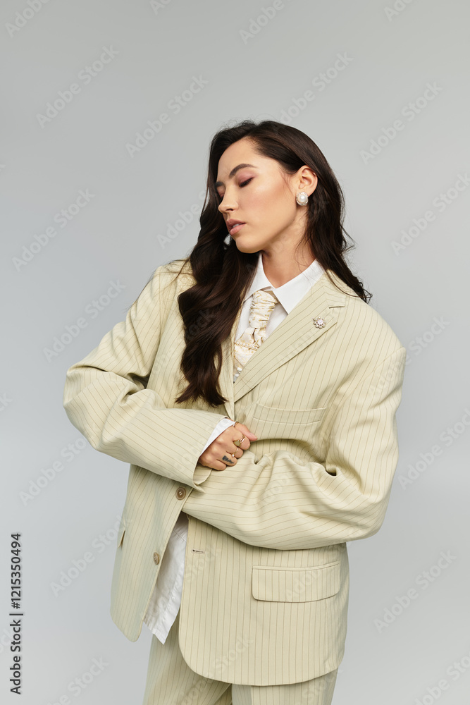 A stylish young woman confidently models her light striped suit. A stylish young woman confidently models her light striped suit.