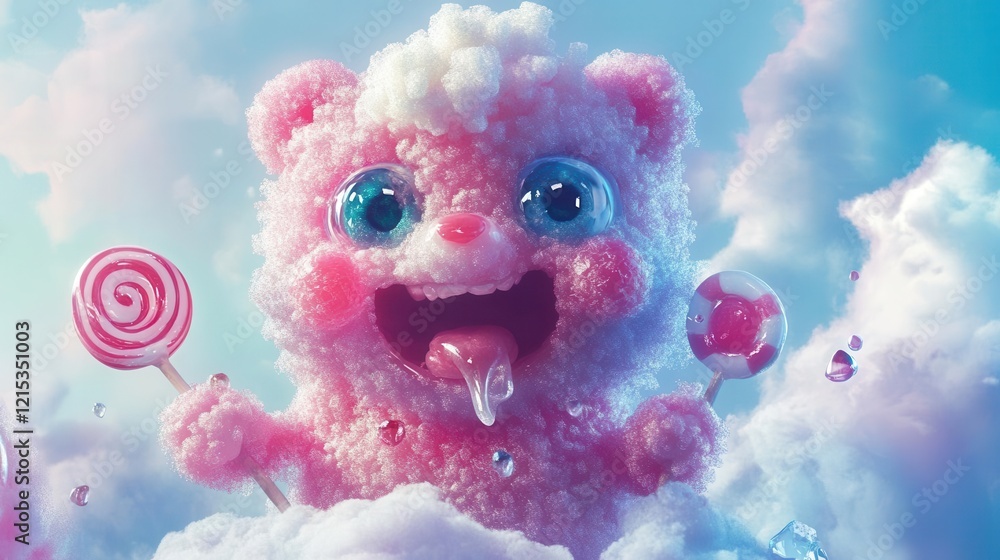 whimsical digital illustration of adorable candy creature with lollipop arms cotton candy hair and gummy bear features whimsical digital illustration of adorable candy creature with lollipop arms cotton candy hair and gummy bear features