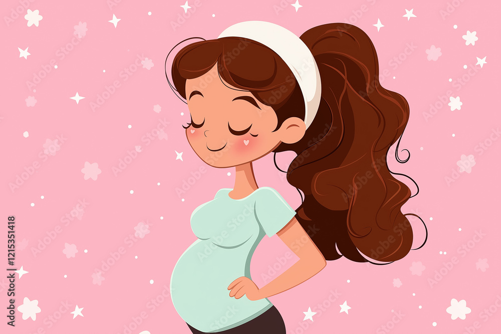 Cartoon young pregnant woman with long hair in light blue shirt on pink background Cartoon young pregnant woman with long hair in light blue shirt on pink background