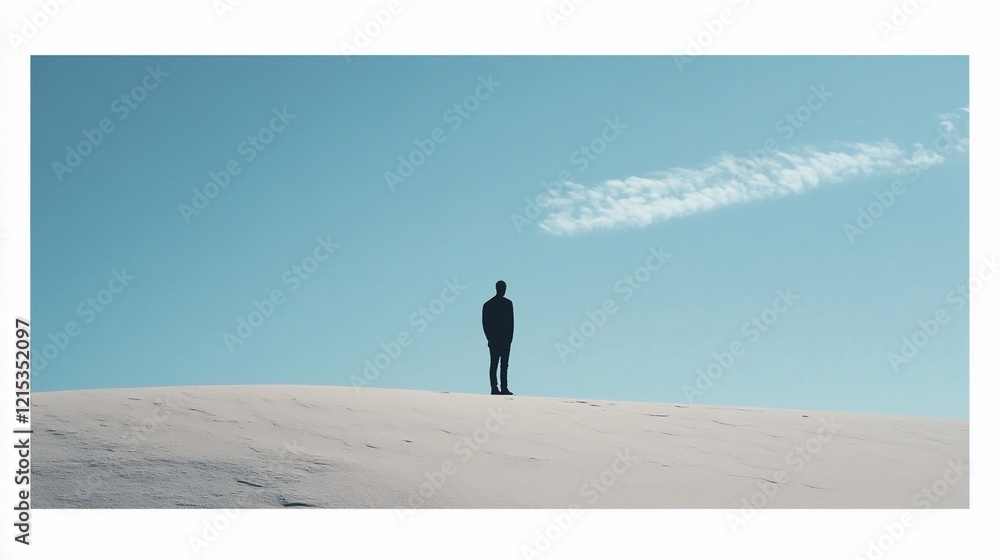 Man contemplates vast desert under a pale blue sky Man contemplates vast desert under a pale blue sky