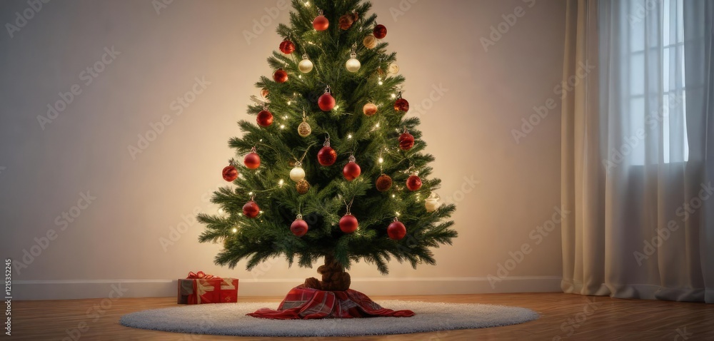 Freshly cut pine Christmas tree with ornaments and lights , cozy atmosphere, pine tree Freshly cut pine Christmas tree with ornaments and lights , cozy atmosphere, pine tree