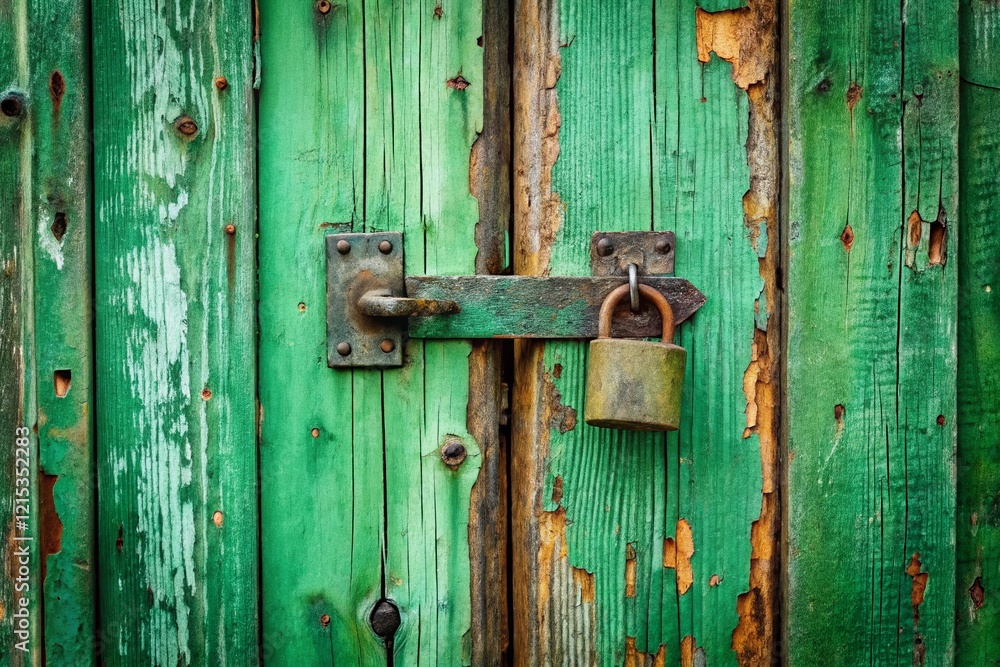 Minimalist Green Wooden Door with Rusty Padlock - Stock Photo Minimalist Green Wooden Door with Rusty Padlock - Stock Photo