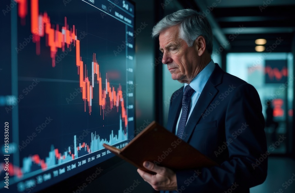 Fototapeta premium A middle-aged businessman with a tired expression, he stands near a large downward trending stock market chart displayed on a digital screen