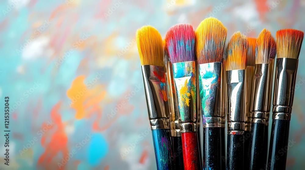 Fototapeta premium Colorful paintbrushes against a vibrant art background, ideal for creative projects and art education