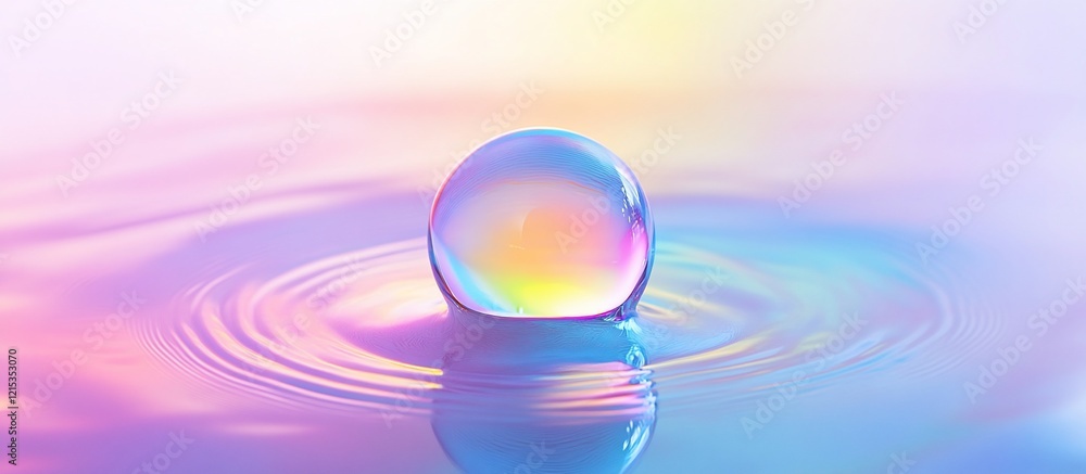 Pastel iridescent sphere floats on calm water, creating ripples; serene background Pastel iridescent sphere floats on calm water, creating ripples; serene background