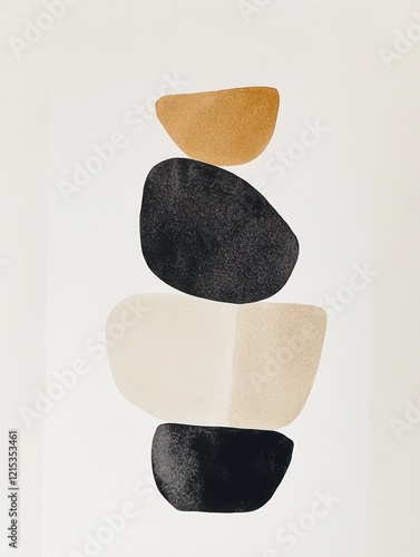 Abstract composition featuring layered geometric shapes in earthy tones on a white background