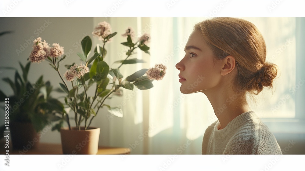 Woman, profile, flowers, sunlight, window, home, serene, beauty, skincare, advertisement Woman, profile, flowers, sunlight, window, home, serene, beauty, skincare, advertisement