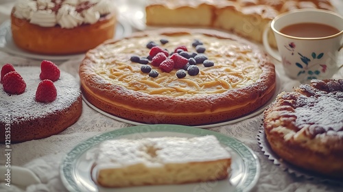 Wallpaper Mural Assorted Homemade Cakes and Pies with Seasonal Fruit and Cozy Tea Time Setting : Generative AI Torontodigital.ca