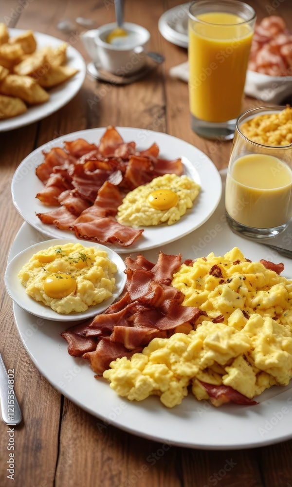 Continental Breakfast Plated with Scrambled Eggs and Bacon, morning meal, , food presentation Continental Breakfast Plated with Scrambled Eggs and Bacon, morning meal, , food presentation
