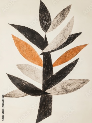 Abstract depiction of a plant with black, white, and orange leaves on a neutral background showcasing modern artistic expression