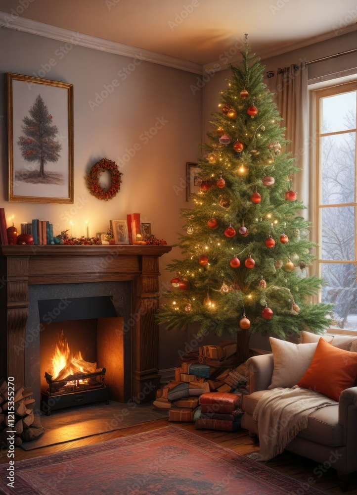 Cozy reading nook with a decorated tree and fireplace, peaceful atmosphere, reading nook, fireplace Cozy reading nook with a decorated tree and fireplace, peaceful atmosphere, reading nook, fireplace