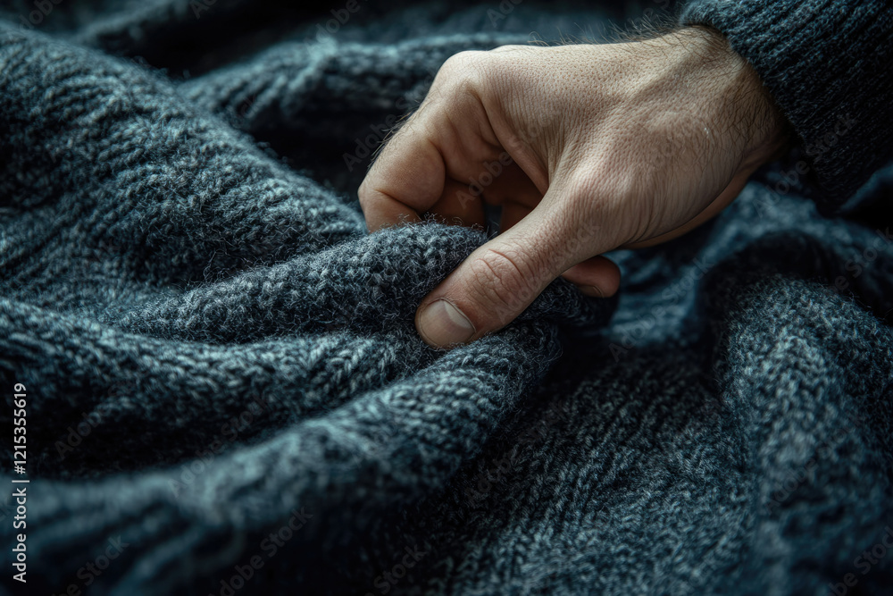 A hand gently touches the soft, textured fabric of a dark gray woolen sweater. A hand gently touches the soft, textured fabric of a dark gray woolen sweater.