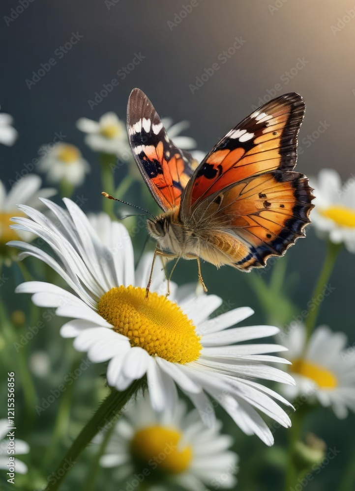 Delicate butterfly perched on a single chamomile flower, Floral, Flowers