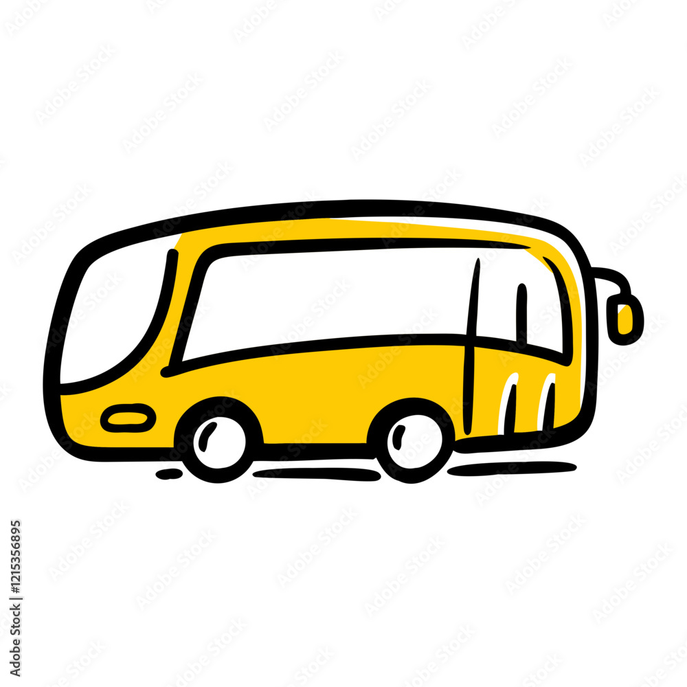 A simple, yellow cartoon bus is depicted with bold black outlin A simple, yellow cartoon bus is depicted with bold black outlin
