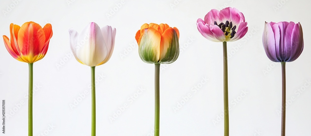 Fototapeta premium Colorful tulips studio shot; white background; spring flowers; greeting card design