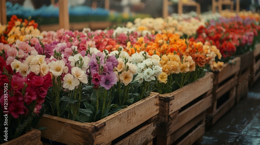 Fototapeta premium Rows of vibrant flowers burst with color under soft lighting, inviting onlookers to a lush garden extravaganza.