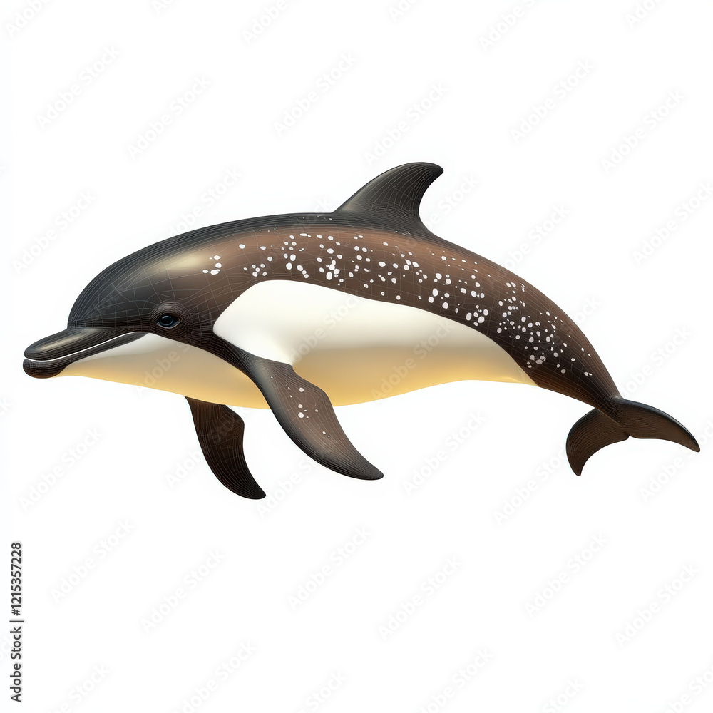 Fototapeta premium Atlantic spotted dolphin leaping, dark brown, white belly, spotted pattern.