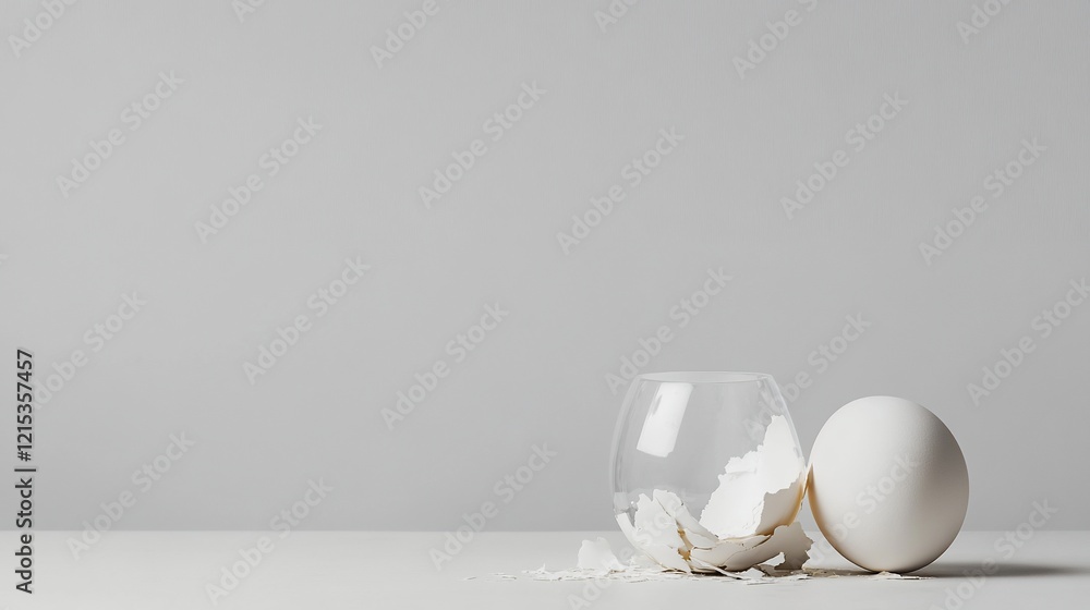 Fototapeta premium Broken egg shell in glass, whole egg beside, minimal grey background, food photography
