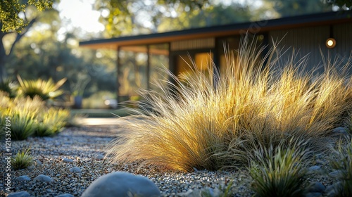 Golden grass glows at sunset near modern home in tranquil garden
