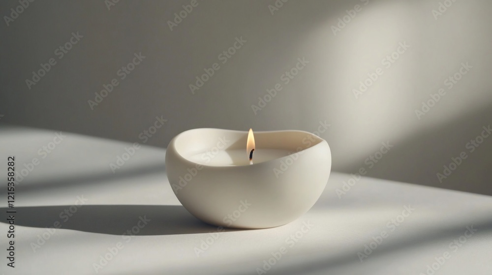 Lit candle, minimalist design, white background, sunlit studio, spa ambiance Lit candle, minimalist design, white background, sunlit studio, spa ambiance