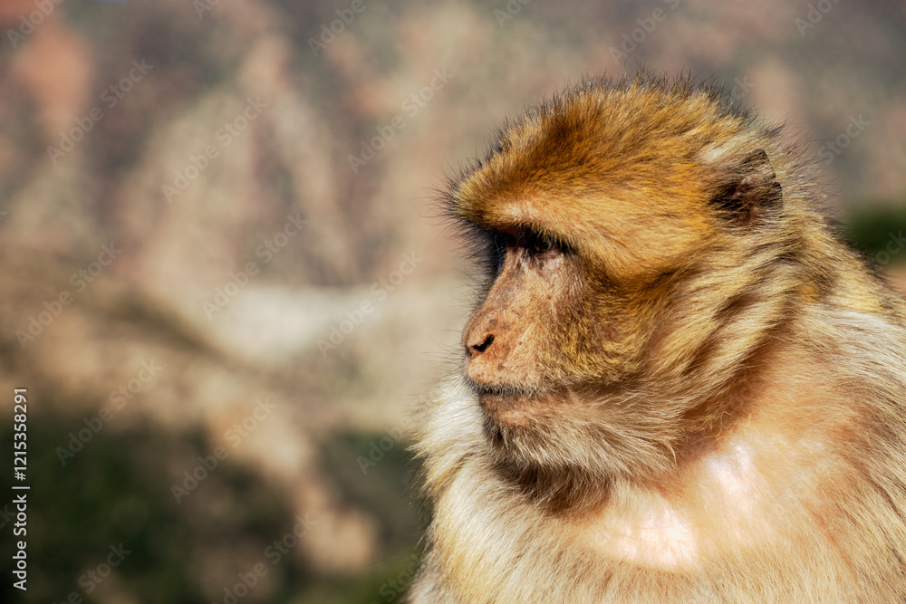 Obraz premium A monkey with a brown and white face is looking to the left