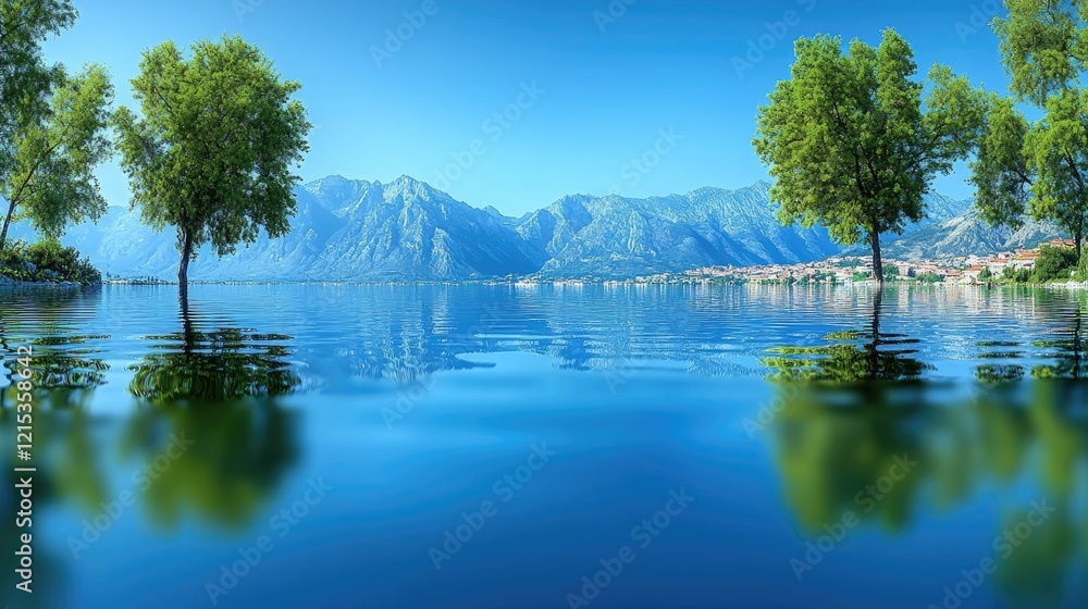 Fototapeta premium Serene mountain lake scene with lush green trees