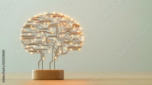 Illuminated circuit brain model on desk, signifying AI and intelligence;  background is blurred neutral. Use website, presentation, tech