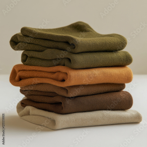 Stack of folded colorful woolen sweaters in earthy tones