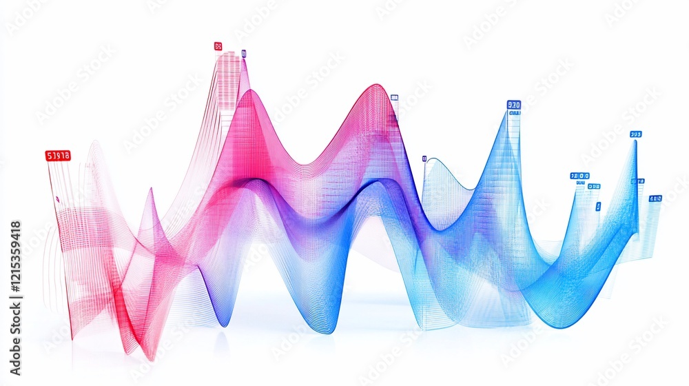Abstract data wave visualization; financial market trend; white background; business presentation Abstract data wave visualization; financial market trend; white background; business presentation