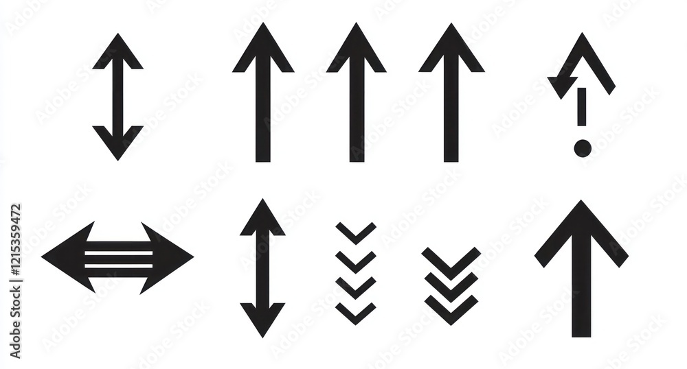 Black simple arrow icons in a set, pointing various directions on white. Black simple arrow icons in a set, pointing various directions on white.