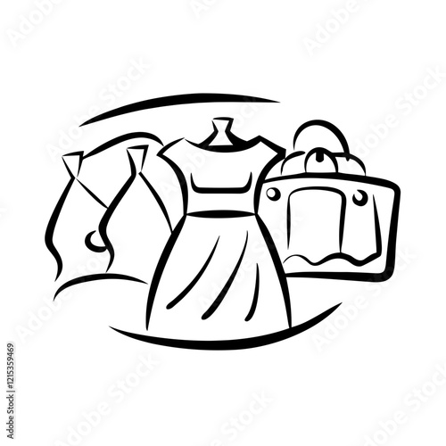 Fashion sketch of dresses and handbag