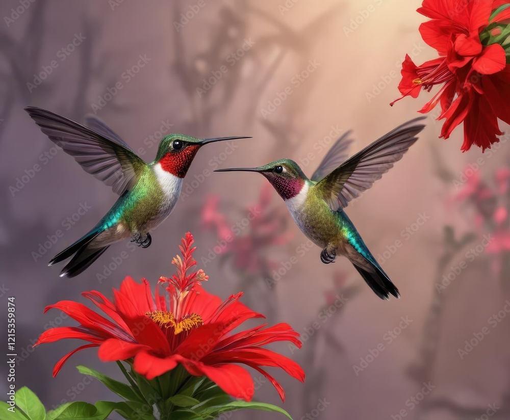 Naklejka premium Colorful hummingbird hovering above a bright red flower, nature, hovering